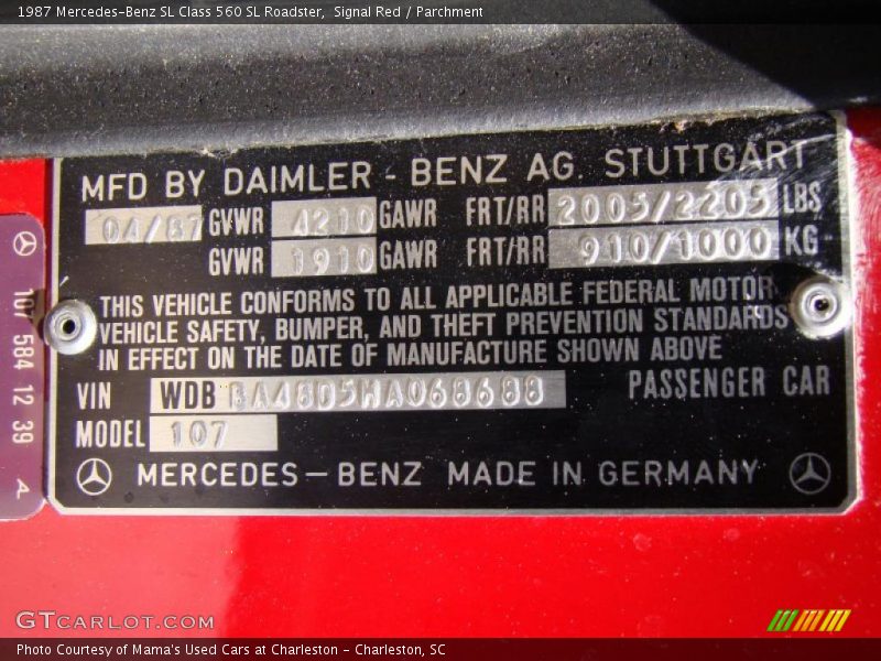 Signal Red / Parchment 1987 Mercedes-Benz SL Class 560 SL Roadster