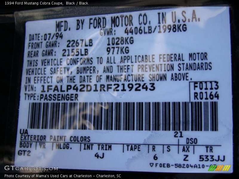 Black / Black 1994 Ford Mustang Cobra Coupe