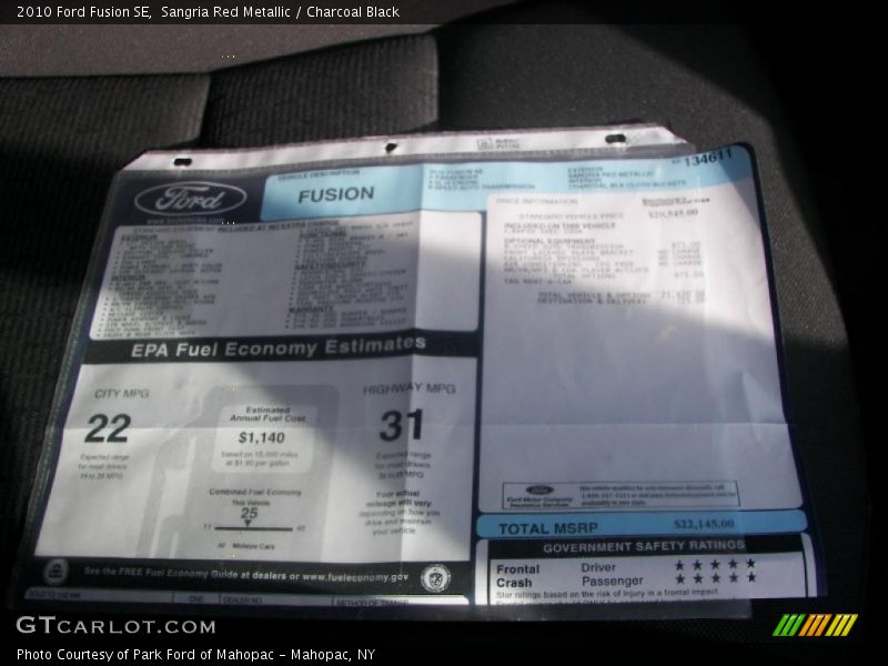 Sangria Red Metallic / Charcoal Black 2010 Ford Fusion SE