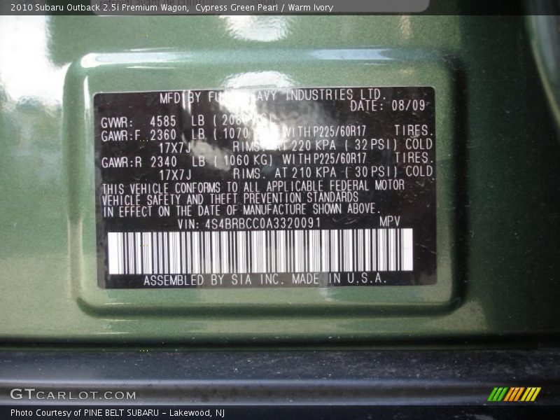 Cypress Green Pearl / Warm Ivory 2010 Subaru Outback 2.5i Premium Wagon