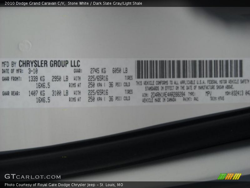 Stone White / Dark Slate Gray/Light Shale 2010 Dodge Grand Caravan C/V