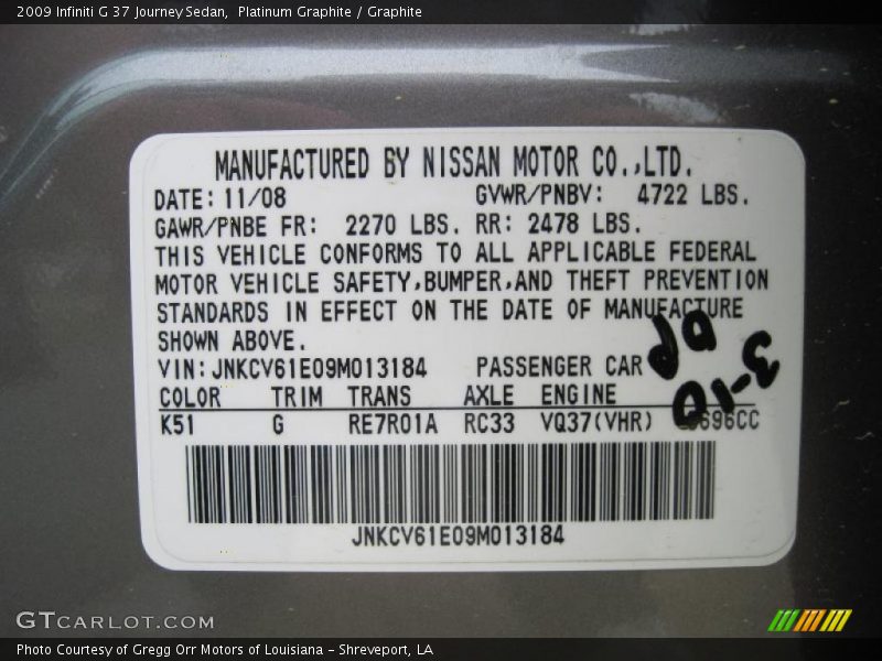 Platinum Graphite / Graphite 2009 Infiniti G 37 Journey Sedan