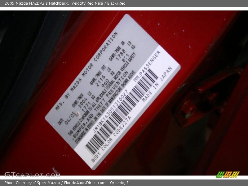 Velocity Red Mica / Black/Red 2005 Mazda MAZDA3 s Hatchback