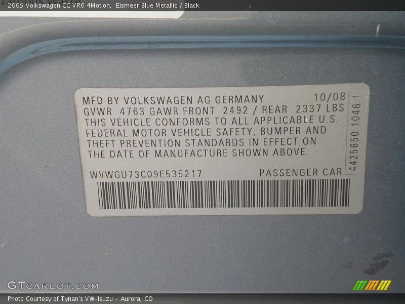 Eismeer Blue Metallic / Black 2009 Volkswagen CC VR6 4Motion