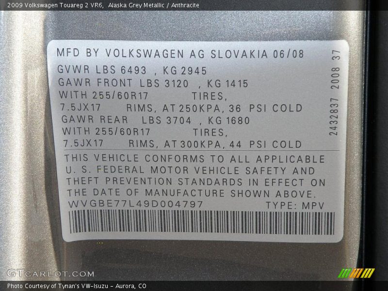 Alaska Grey Metallic / Anthracite 2009 Volkswagen Touareg 2 VR6