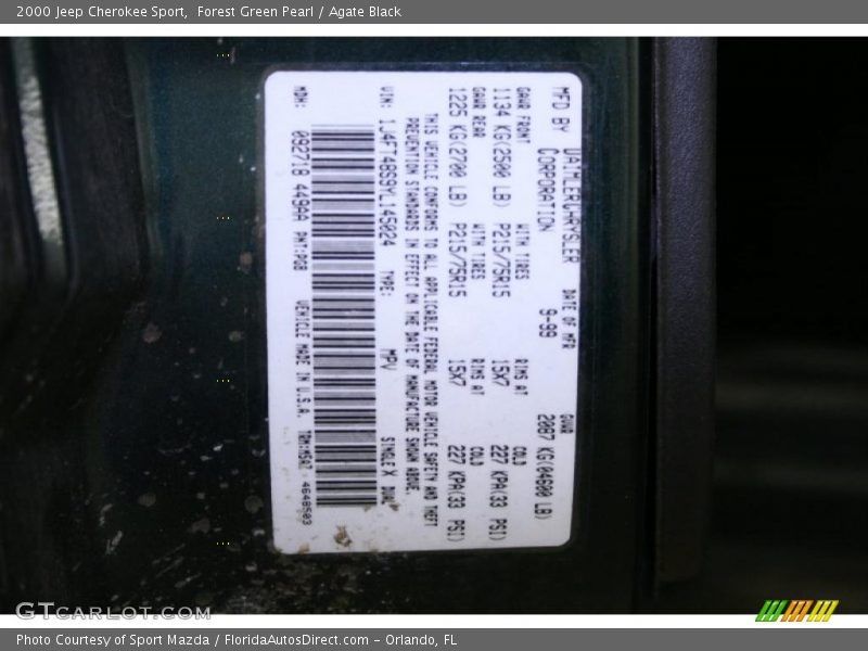 2000 Cherokee Sport Forest Green Pearl Color Code PG8