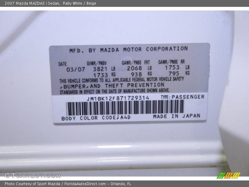 Rally White / Beige 2007 Mazda MAZDA3 i Sedan
