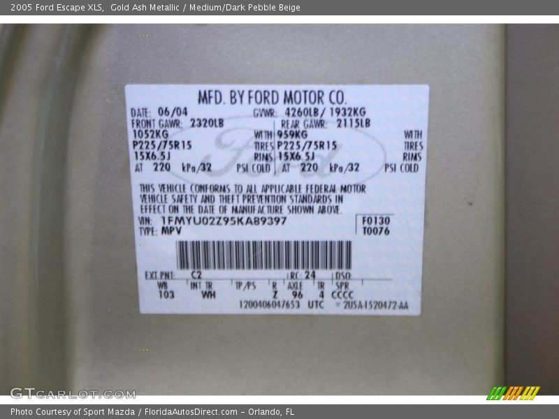 Gold Ash Metallic / Medium/Dark Pebble Beige 2005 Ford Escape XLS