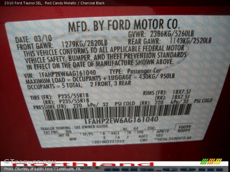 Red Candy Metallic / Charcoal Black 2010 Ford Taurus SEL
