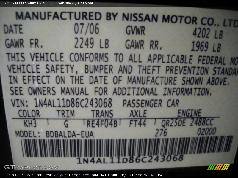 Super Black / Charcoal 2006 Nissan Altima 2.5 SL