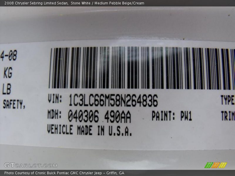 Stone White / Medium Pebble Beige/Cream 2008 Chrysler Sebring Limited Sedan
