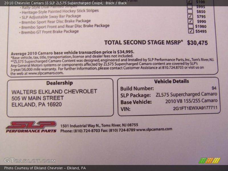 Black / Black 2010 Chevrolet Camaro SS SLP ZL575 Supercharged Coupe