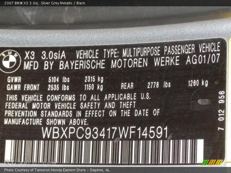 Silver Grey Metallic / Black 2007 BMW X3 3.0si
