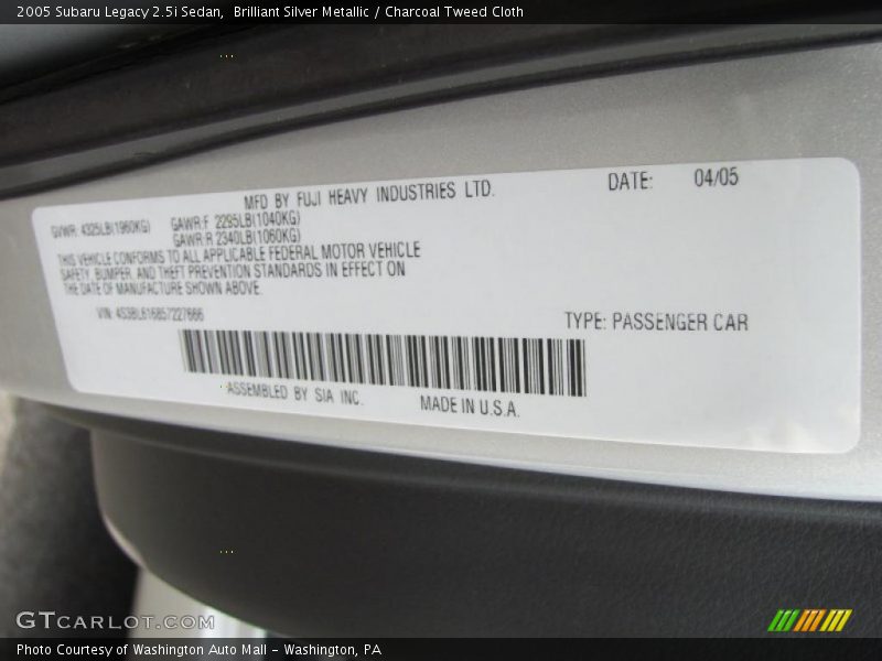 Brilliant Silver Metallic / Charcoal Tweed Cloth 2005 Subaru Legacy 2.5i Sedan