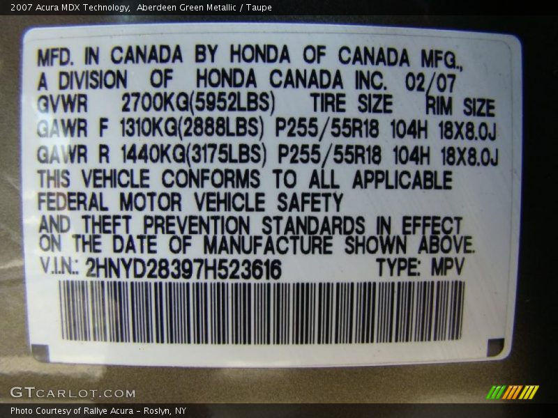 Aberdeen Green Metallic / Taupe 2007 Acura MDX Technology