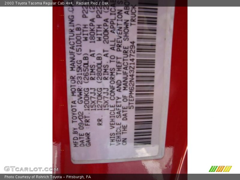 Radiant Red / Oak 2003 Toyota Tacoma Regular Cab 4x4