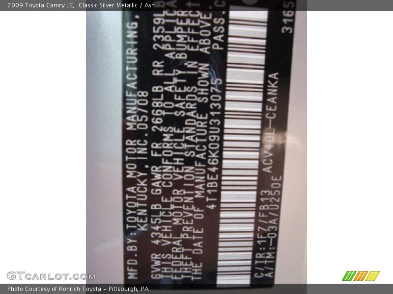 Classic Silver Metallic / Ash 2009 Toyota Camry LE
