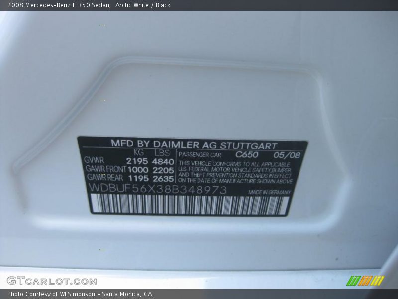 Arctic White / Black 2008 Mercedes-Benz E 350 Sedan