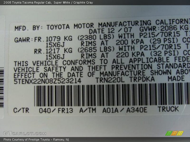 Super White / Graphite Gray 2008 Toyota Tacoma Regular Cab