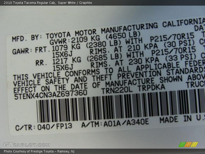 Super White / Graphite 2010 Toyota Tacoma Regular Cab