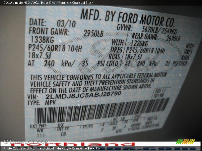 Ingot Silver Metallic / Charcoal Black 2010 Lincoln MKX AWD