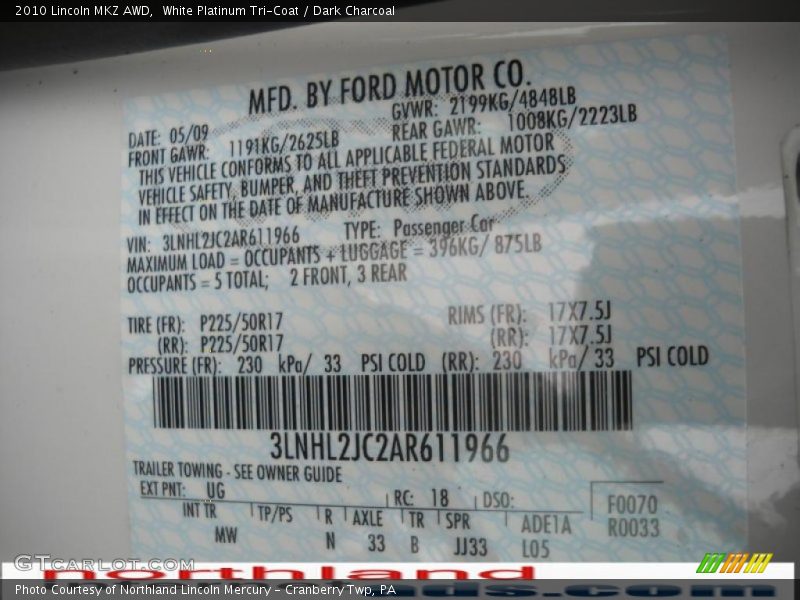 White Platinum Tri-Coat / Dark Charcoal 2010 Lincoln MKZ AWD