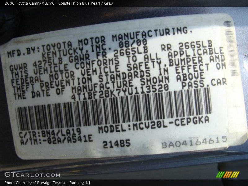 2000 Camry XLE V6 Constellation Blue Pearl Color Code 8N4