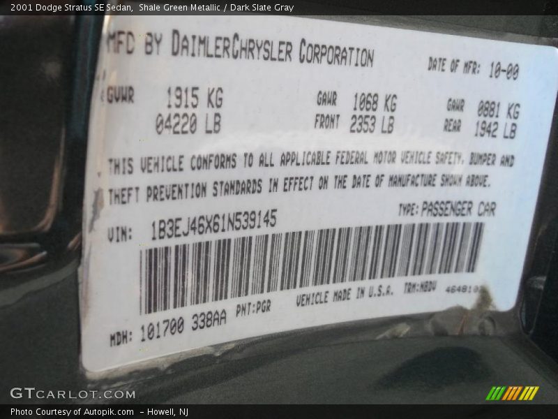 Shale Green Metallic / Dark Slate Gray 2001 Dodge Stratus SE Sedan