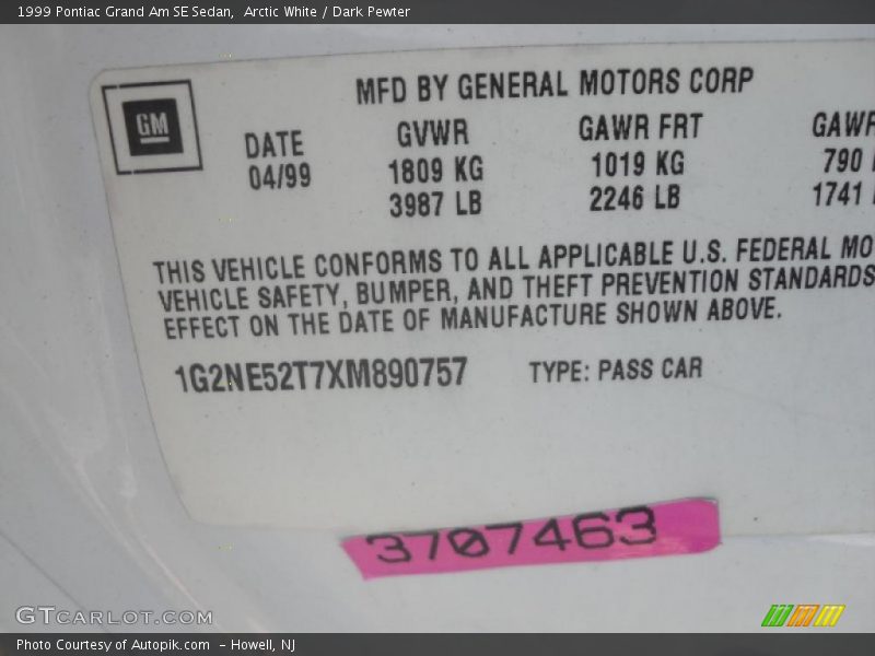 Arctic White / Dark Pewter 1999 Pontiac Grand Am SE Sedan