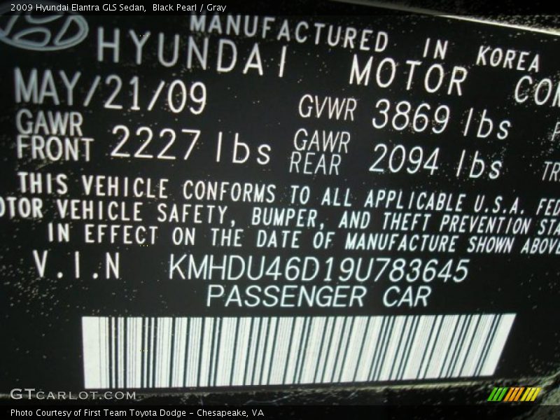 Black Pearl / Gray 2009 Hyundai Elantra GLS Sedan