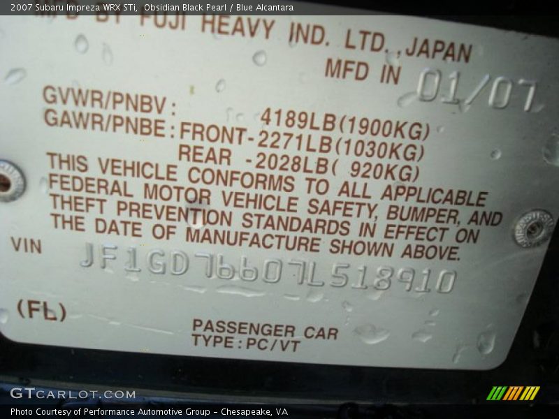 Obsidian Black Pearl / Blue Alcantara 2007 Subaru Impreza WRX STi