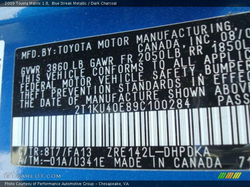 Blue Streak Metallic / Dark Charcoal 2009 Toyota Matrix 1.8
