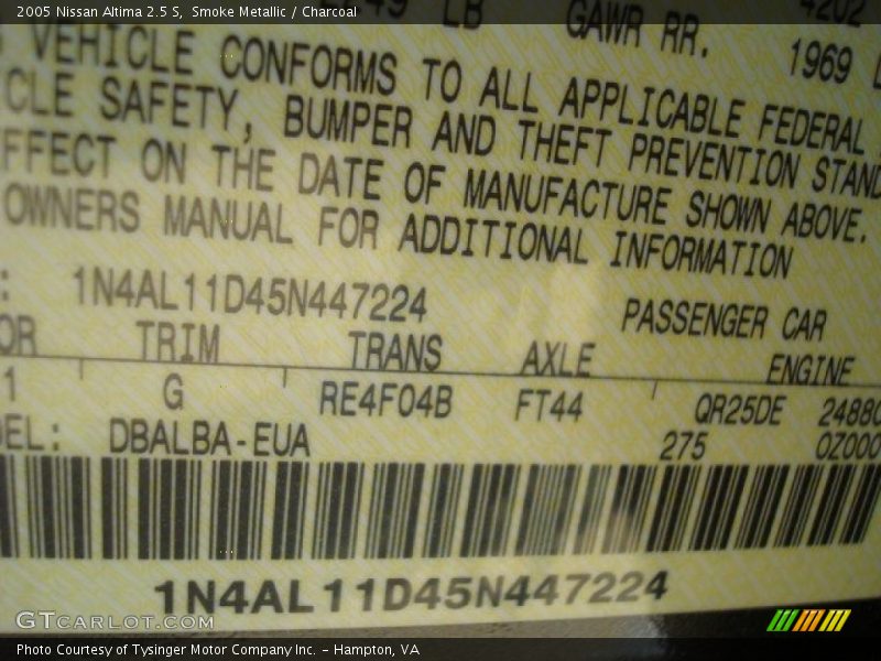 Smoke Metallic / Charcoal 2005 Nissan Altima 2.5 S