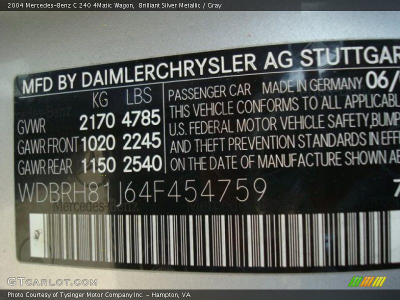 Brilliant Silver Metallic / Gray 2004 Mercedes-Benz C 240 4Matic Wagon
