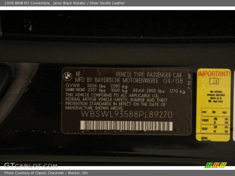Jerez Black Metallic / Silver Novillo Leather 2008 BMW M3 Convertible