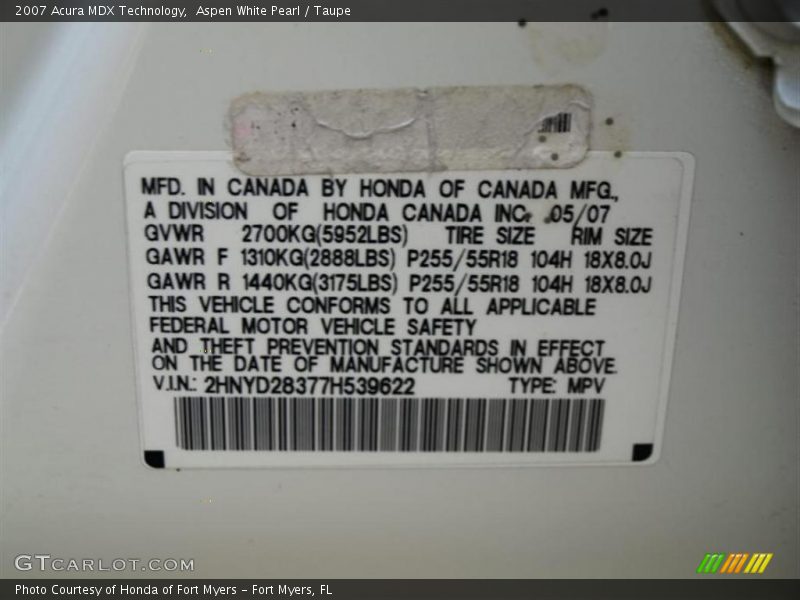 Aspen White Pearl / Taupe 2007 Acura MDX Technology
