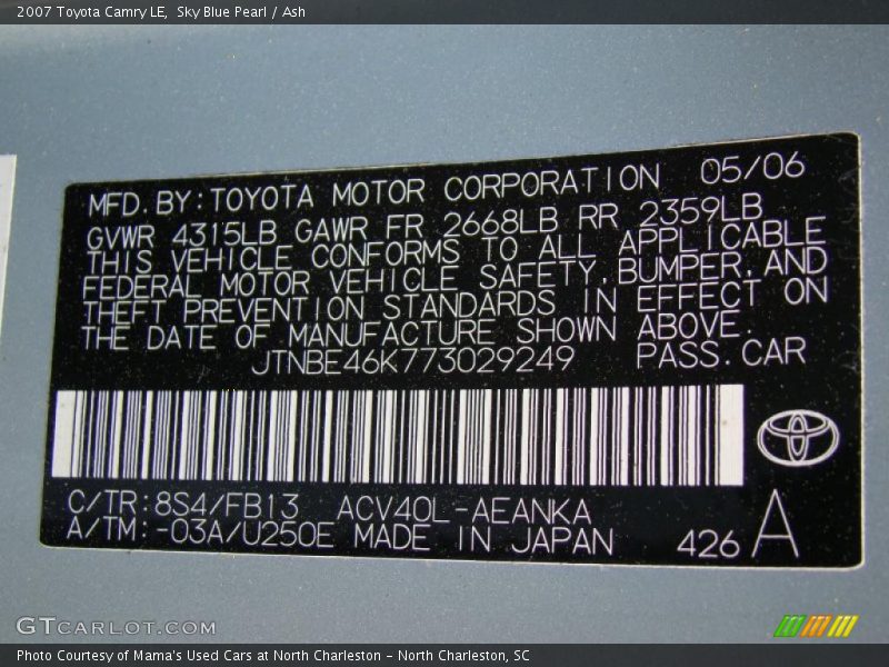 Sky Blue Pearl / Ash 2007 Toyota Camry LE