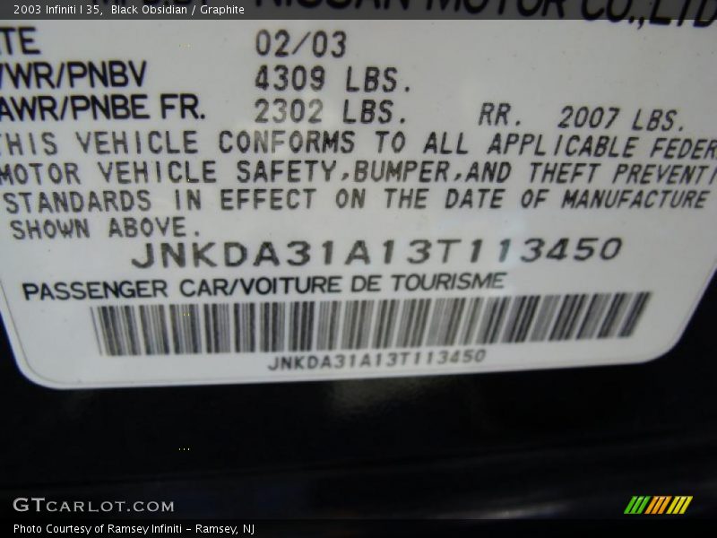 Black Obsidian / Graphite 2003 Infiniti I 35