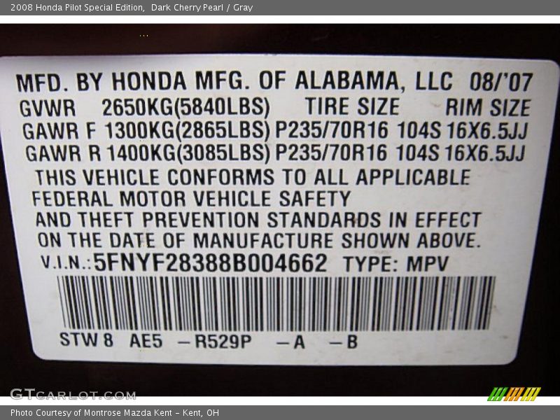 Dark Cherry Pearl / Gray 2008 Honda Pilot Special Edition