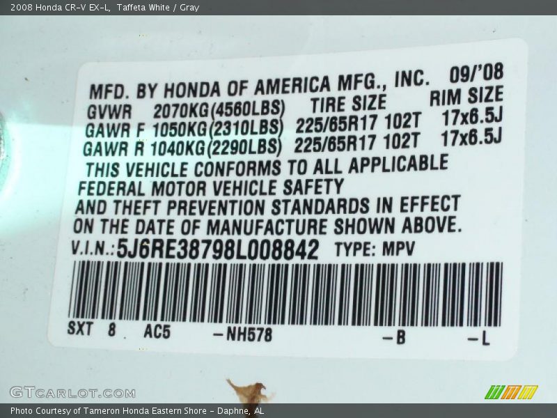 Taffeta White / Gray 2008 Honda CR-V EX-L