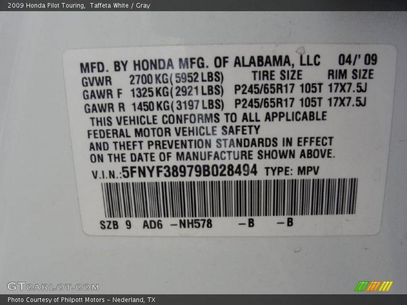 Taffeta White / Gray 2009 Honda Pilot Touring