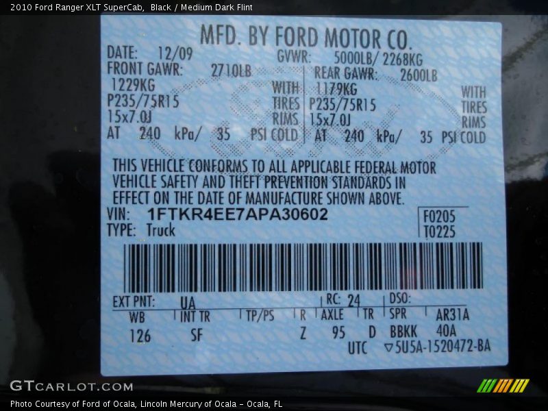 Black / Medium Dark Flint 2010 Ford Ranger XLT SuperCab