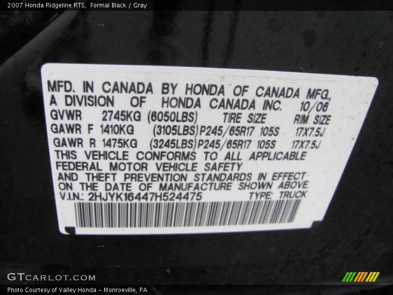 Formal Black / Gray 2007 Honda Ridgeline RTS