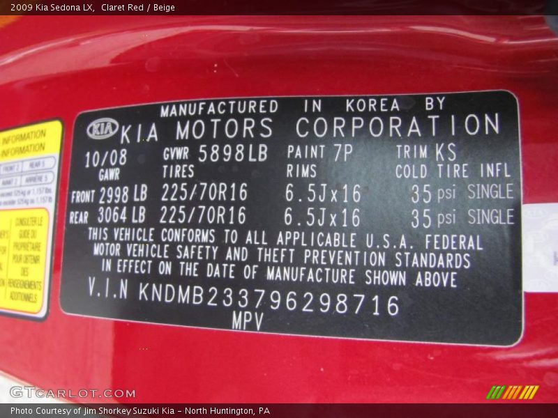 Claret Red / Beige 2009 Kia Sedona LX