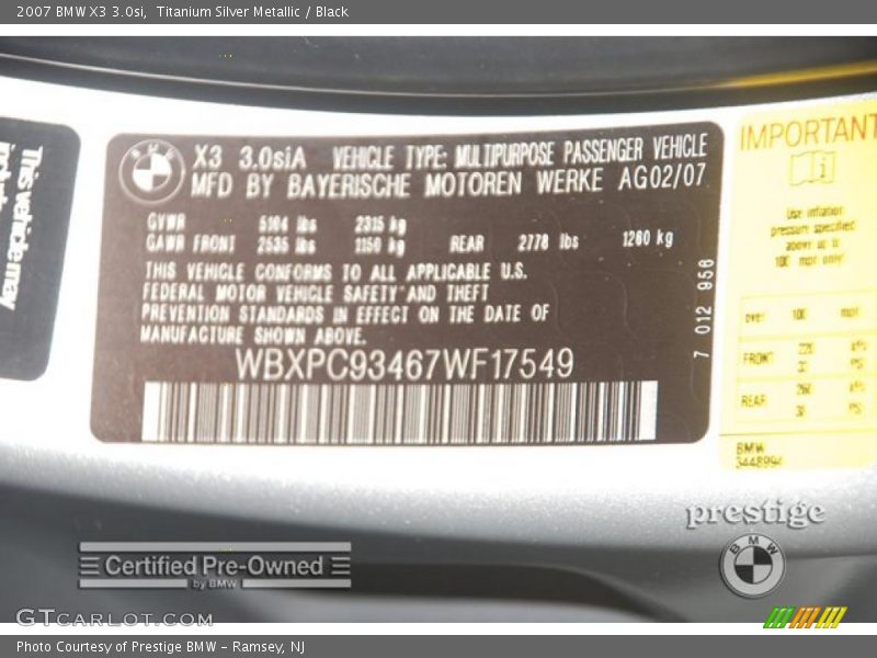 Titanium Silver Metallic / Black 2007 BMW X3 3.0si