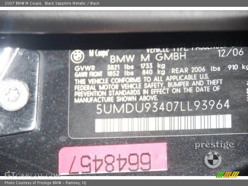 Black Sapphire Metallic / Black 2007 BMW M Coupe