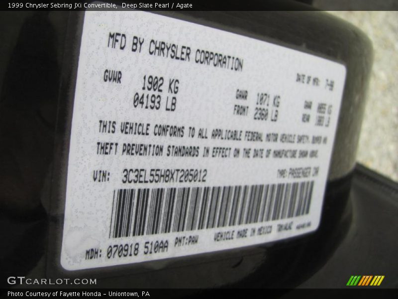 Deep Slate Pearl / Agate 1999 Chrysler Sebring JXi Convertible