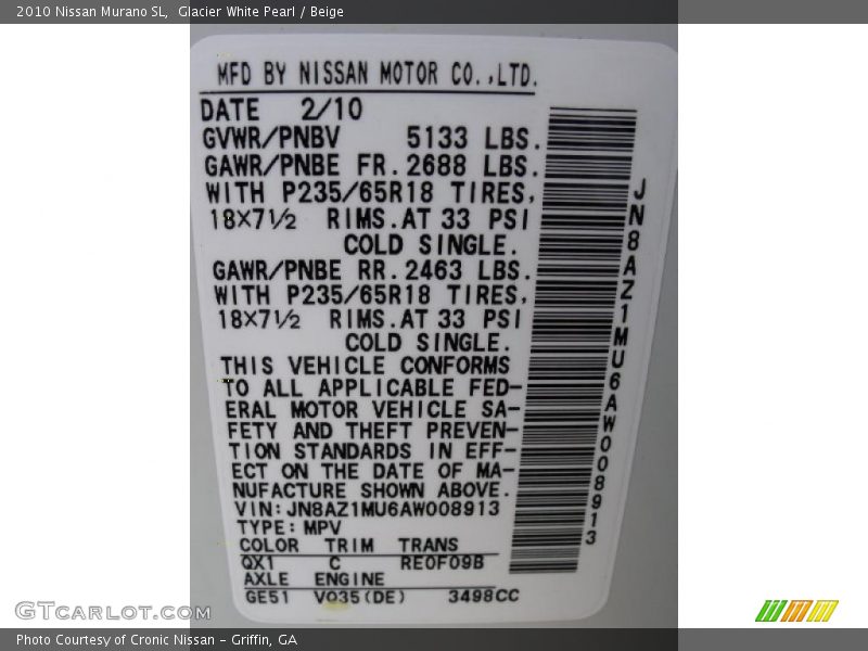 Glacier White Pearl / Beige 2010 Nissan Murano SL