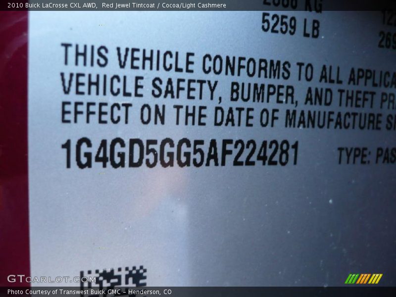 Red Jewel Tintcoat / Cocoa/Light Cashmere 2010 Buick LaCrosse CXL AWD
