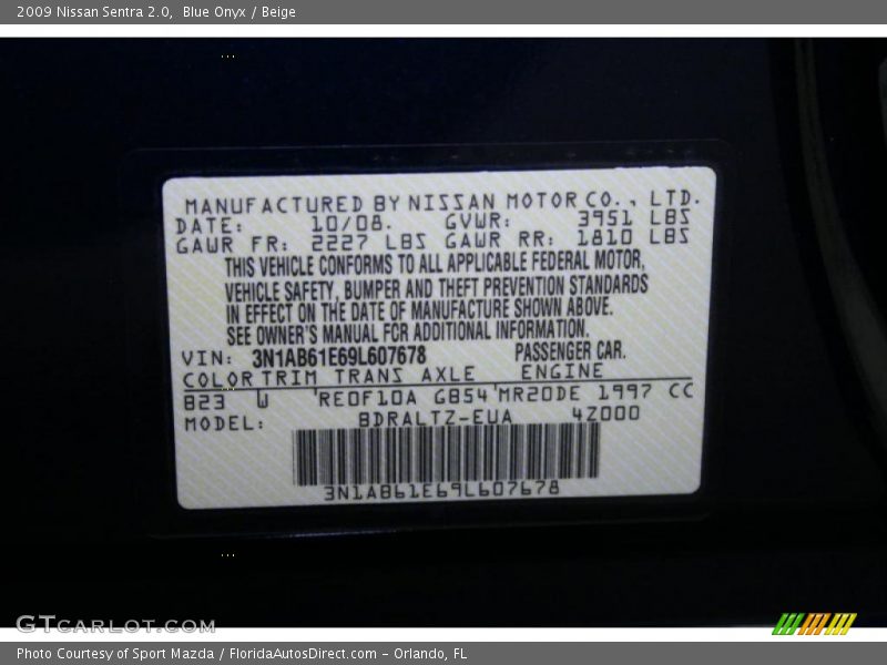 Blue Onyx / Beige 2009 Nissan Sentra 2.0